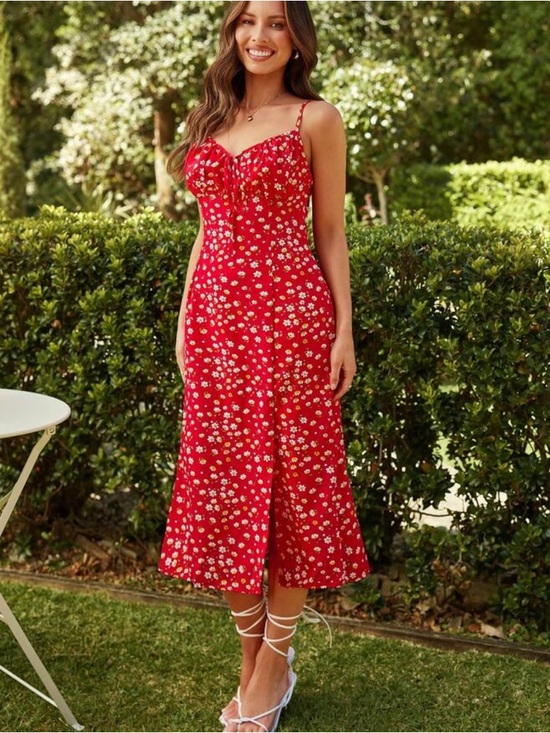 Dresses & Skirts - Red Floral Slip Dress with Tie Front - Women Intimates & Sleepwear